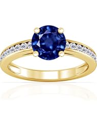 18K Yellow Gold Round Cut Blue Sapphire Ring With Sidestones
