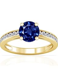 14K Yellow Gold Round Cut Blue Sapphire Ring With Sidestones