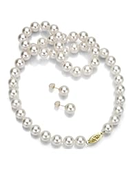 14k Yellow Gold 8-8.5mm White Japanese Salt Water Akoya Pearl High Luster Necklace 18" Length with Matching Earring Jewelry Set. Include a Jewelry Box.