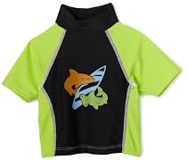 Flap Happy Boys Shark Ausie Screen Print Colorblock Rash Guard Shirt, Black/Mint