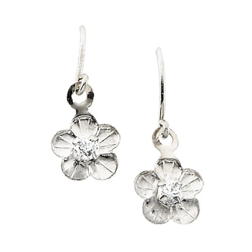 14K White Gold Cubic Zirconia Children's Daisy Floral Earrings.