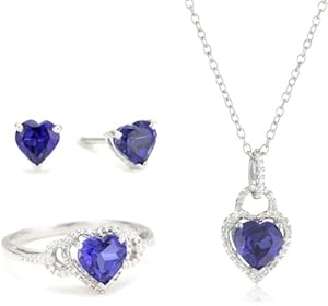 Sterling Silver Gemstone and Diamond Ring, Pendant Necklace ,Earrings Heart Box Set