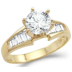 Solid 14k Yellow Gold Round and Baguette CZ Cubic Zirconia Engagement Ring 1.5 ct: Jewelry