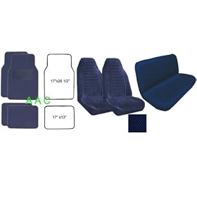 A Set of 2 Universal Fit High Back Scottsdale Pattern Front Bucket Seat Cover, A Set of 4 Universal Fit Plush Carpet Floor Mats for Cars and One Universal Fit Scottsdale Rear / Bench Seat Cover - Navy