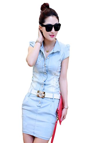 レディース カジュアル ワンピース 春夏物 デニム 半袖 ミニスカート レース シングルピース セレブファッション 美脚 スリム 旅行 泊まり かわいいスカーフ付き AT0142