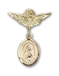 14K Gold Baby Badge with St. Rita Baseball Charm and Angel with Wings Badge Pin