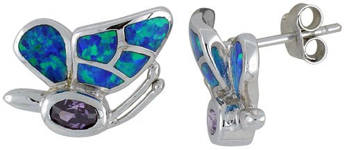 Sterling Silver, Synthetic Opal Butterfly Earrings with Oval Shape Amethyst CZ, 11/16