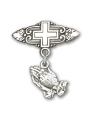 Sterling Silver Baby Badge with Praying Hands Charm and Badge Pin with Cross