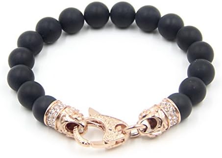 Men's Onyx Bracelet Semi Precious Stone Skull and Bones Onyx Lava 8.5 Inch Rose Gold Plated Clasp High Quality Steel Constructed with High End Lobster Clasp