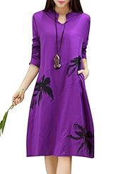 Cotton/Linen Floral Print Peasant Dress/Midi Dress 