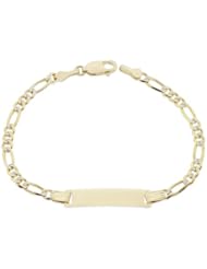 14k Yellow Gold, White Pave Figaro Links ID Kids Children Bracelet 4.5mm Wide