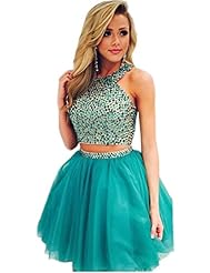Cocktail Halter Satin/Tulle  Beaded Evening Dress/Homecoming Dress/Prom Dress/Wedding Party Dress  With Rhinestones