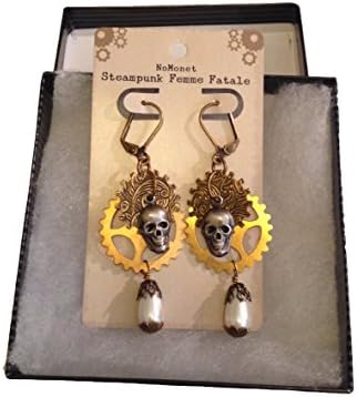 Retro Two-tone Brass Steampunk Skull Dangle Earrings | Etched Brass with Victorian Flair