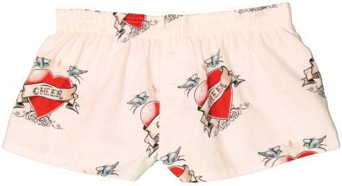 Cheerleading Cheer Team Wording Cheer Tattoo White Flannel Cotton Girl Boxers Mini Itty Bitty Shorts 1 Inseam, Covered elastic waist, 100% cotton, available in 5 adult sizes