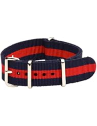 24mm Classic SS Nylon Striped Navy Blue / Red - Easily Interchangeable Replacement Military Watch Strap / Band - Fits All Watches!!!