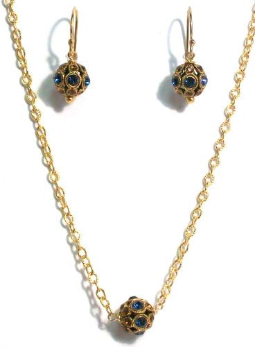 Pearlstone 14K Gold Filled Vintage Inspired Pave Crystal Ball Strand Necklace With Montana Blue and Topaz Swarovski Crystals With Matching Earrings