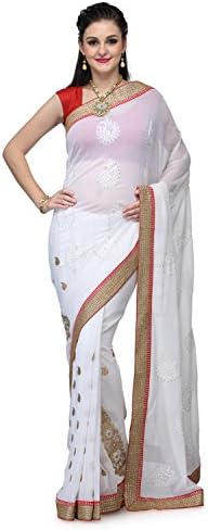 Fabroop Women's White Faux Georgette With Sequin Work Border One Size