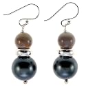 Handmade Black Pearl Drop Earrings With Brown Agate & Sterling Silver