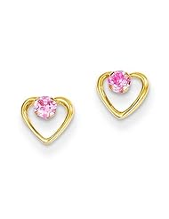 MadiK® 14k Yellow Gold Polished Heart with Round Pink CZ Post Earrings
