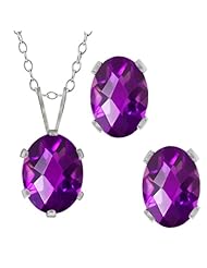 2.50 Ct Checkerboard Purple Amethyst Sterling Silver Pendant Earrings Set
