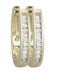 14K Yellow Gold 0.24ct Channel Set Round & Baguette Diamond Hoop Earrings