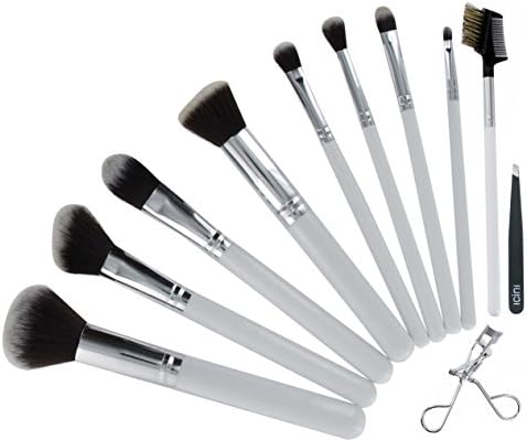 ICINI Complete Professional 11 Piece Makeup Brush Set- 8 Premium Synthetic Makeup Brushes + Eyebrow Brush/Eyelash Separator + Tweezer + Bonus Travel Eyelash Curler (White)