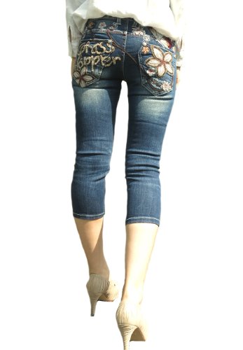 グラスホッパー(GRASSHOPPER)＃738 クロップド(ストレッチデニム)ひまわり 美尻 美脚 ジーンズ  花×蝶 刺繍 バタフライ 七分丈 レッドペッパー