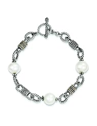 Sterling Silver with 14k Gold 9.5-10mm Freshwater Cultured Pearl 7.5in Bracelet - Antique Boutique - Vintage Style - Jewelry