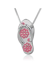 925 Sterling Silver Flip-Flop Slipper Shoe Cherry Pink Flower Print Pendant with Sterling Silver Necklace Chain 18, Fashion Jewelry for Women and Teens - Nickel Free