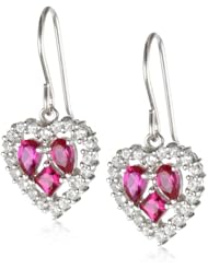 Sterling Silver Created Ruby and White Topaz Heart Earrings