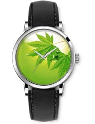 SPRAWL Aanalog Fashion Series Silver Ladies Watches of Genuine Black Leather Strap,Unique Wrist Watch for Women Girls Designed with Green maple leaves