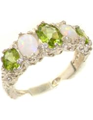 High Quality Solid 14K White Gold Genuine Natural Peridot & Opal Womens Band Ring - Finger Sizes 4 to 12 Available