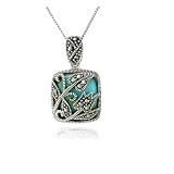Sterling Silver Marcasite and Lab Created Turquoise Square Floral Pendant, 18