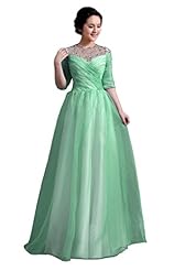 A-line Elbow Length Sleeves Crystal Pleated Sequined Crystals Evening Dress 