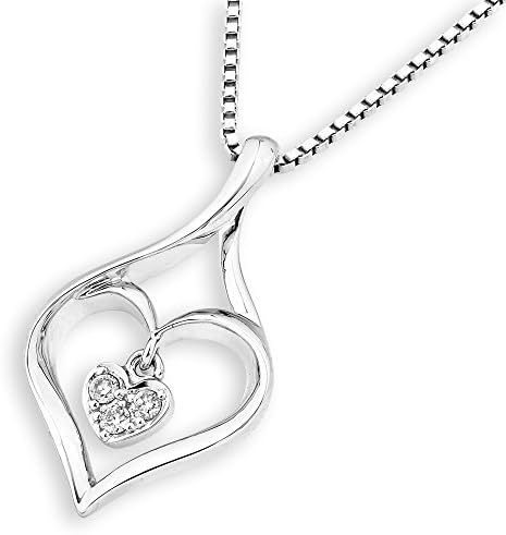 18K/750 White Gold Heart Shaped with 3 Stones Diamond Pendant W/Silver Chain (0.03 ct, G-H Color, SI1-SI2 Clarity)