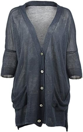 Liuanan Women UV Short Sleeve Summer Boyfriend Linen Cardigan Sweater (Dark Blue)