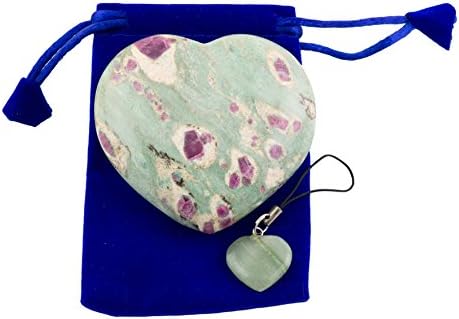 Ruby Fuschite Pub Heart Worry Stone with (1 pcs.) Assorted Color Keychain and Blue Velvet Pouch (Ruby Fuschite)