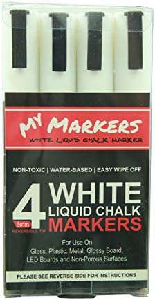 My Markers - 4 Bold White Liquid Chalk Markers - Premium Quality - 6mm Reversible Tip