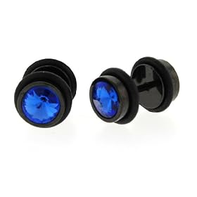 Black Anodized Stainless Steel Faux Plug - Blue CZ- 16g Stud - 8mm Fake Plug - Sold as a Pair