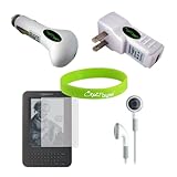 Amazon Kindle 3 (3rd Generation) USB Car Charger, USB Wall / Travel Charger, Earphones, and Screen Protector / Guard. CrazyOnDigital Wristband Included