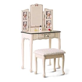 Hand Painted White Vanity with Table & Bench Set