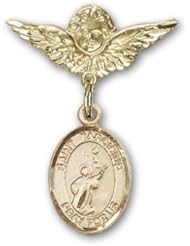Gold Filled Baby Badge with St. Tarcisius Charm and Angel with Wings Badge Pin