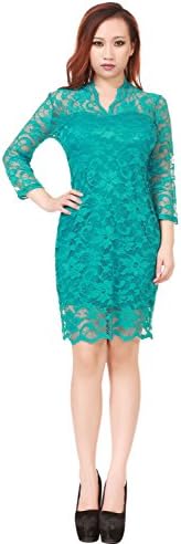 Women's Sexy Lace dress V Neck Slim 3/5 Sleeve (S, Green)