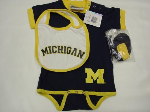 Michigan Wolverines NCAA Infants / Babys / Kids Blue and Yellow Creeper, White Bib, and Bootie Set