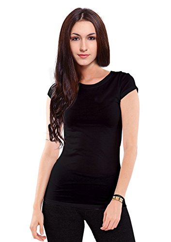 Women's Solid Athletic Fit Short Sleeve Cotton Crew Neck T-Shirt,BLACK,Juniors,Large