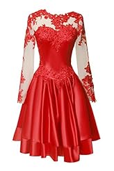 A-line Short Long Sleeves Satin Beaded Sheer Lace Evening Dress/Homecoming Dress/Prom Dress/Party Dress/Wedding Dress 