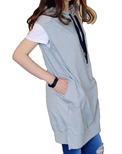 [CASA ROSADA] パーカー トレーナー フード付き ロング丈 半袖 グレー オリジナルブレスレットセット