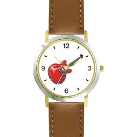 Electric and Acoustic Guitar - Musical Instrument - Music Theme - WATCHBUDDY� DELUXE TWO-TONE THEME WATCH - Arabic Numbers - Brown Leather Strap-Size-Children's Size-Small ( Boy's Size & Girl's Size )