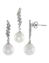18k White Gold Pendant on 14k White Gold 18 in. Chain & Dangle Earrings Set, w/ .148 Carat Brilliant Cut Diamonds & 10x8mm White Pearls