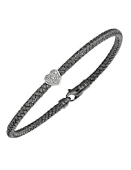 Silver Ruthenium Plated Polish 7.25" 3.6mm Basketweave Bangle With .01Ct Diamond Heart And Fancy Lobster Clasp